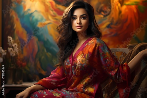 Striking elegance in HD, a person adorned in beautiful bright clothes, their attractive face shining amidst the perfection of a studio background.