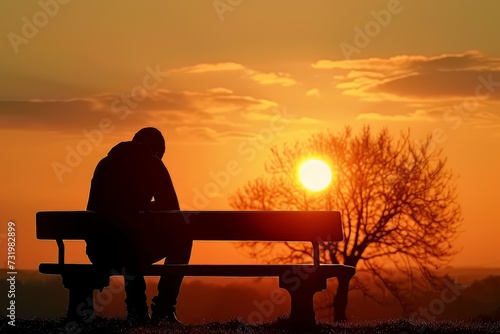 silhouette sad man sit on bench At Sunset