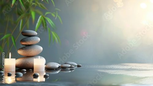 Spa background with balance rocks  candles. Relaxation  massage  beauty  meditation  feng shui concept banner with place for text