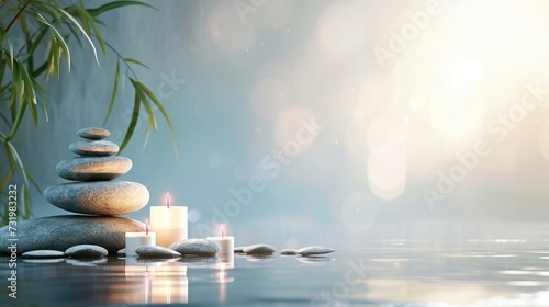Spa background with balance rocks, candles. Relaxation, massage, beauty, meditation, feng shui concept banner with place for text photo