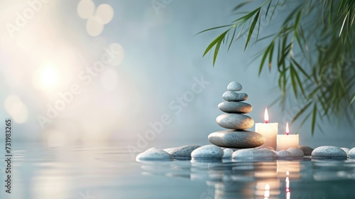 Spa background with balance rocks  candles. Relaxation  massage  beauty  meditation  feng shui concept banner with place for text