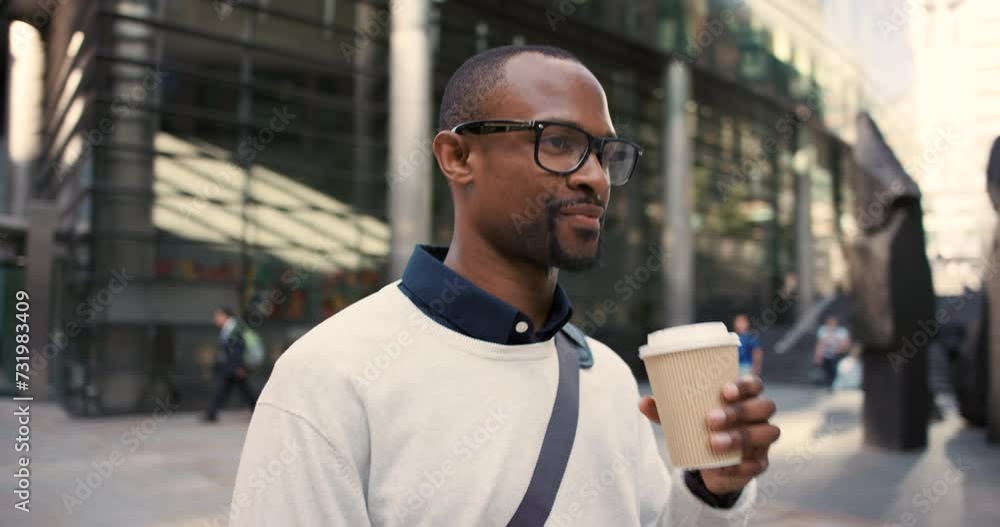 Walking, coffee and business black man in city for morning commute, journey and travel to office building. Professional, worker and person with beverage for career, job and working in urban town Walking, coffee and business black man in city for morning commute, journey and travel to office building. Professional, worker and person with beverage for career, job and working in urban town