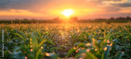 Beautiful landscape with morning sunrise over the cornfield. Close-up of corn seedlings on vast farm field. Modern agriculture concept.