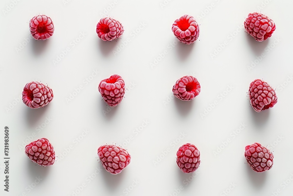 minimalist and elegant composition a collection of frozen raspberries on white table minimalist and elegant composition a collection of frozen raspberries on white table