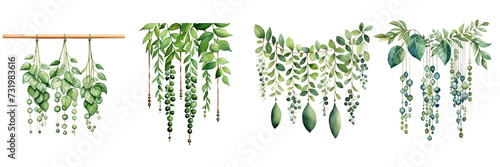 set of a illustration of wooden beads, green leaves, wall hanging, white on a transparent backgrounds