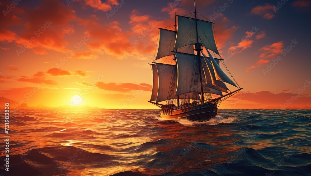 Fototapeta premium Sailing ship in the sea at sunset. 3D illustration.