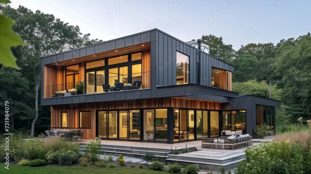 Modern eco-style wooden cottage exterior. Panoramic windows, spacious terrace, landscape design. Contemporary architecture concept for private residential houses.