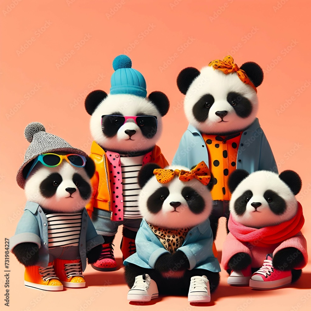 Creative animal concept. Panda bears in a group, vibrant bright fashionable outfits isolated on solid background advertisement, copy text space. birthday party invite invitation banner Creative animal concept. Panda bears in a group, vibrant bright fashionable outfits isolated on solid background advertisement, copy text space. birthday party invite invitation banner