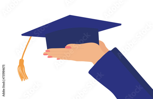 Female hand holding graduation cap. Vector illustration