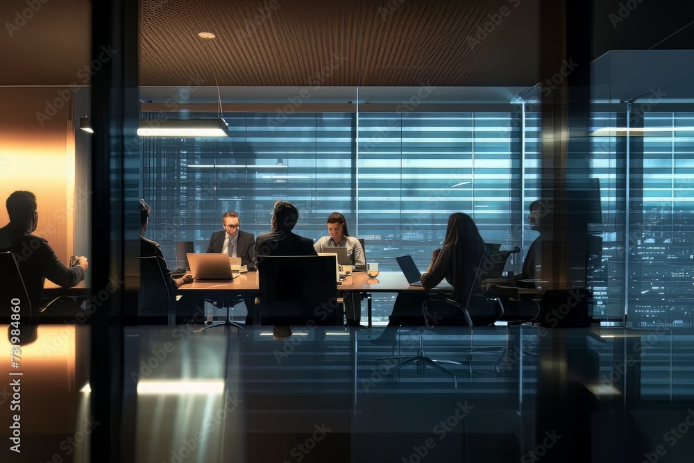 Business people working late in conference room meeting