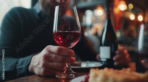 Male hands holding a glass of wine at the bar, restaurant on the dining table.