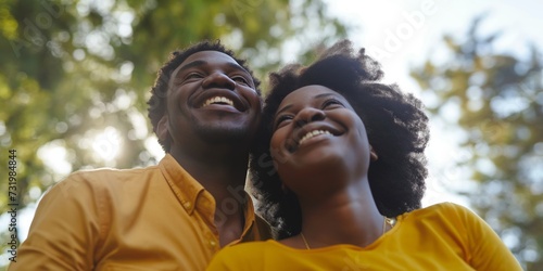 Smile, nature and bottom portrait of black couple on a valentines day date in a garden or park. Happy, love and young African man and woman bonding on adventure in outdoor field from below together.