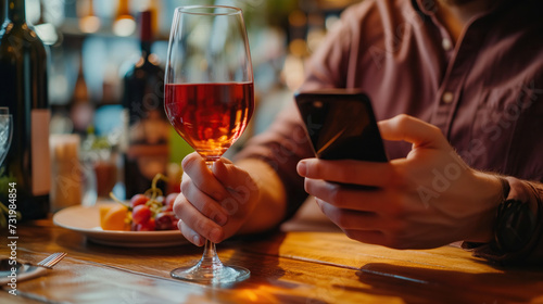 Male hands holding a phone and a glass of wine at the bar, restaurant on the dining table.