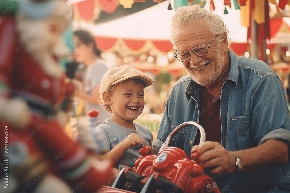 Grandfather and grandson enjoying a fun fair ride together