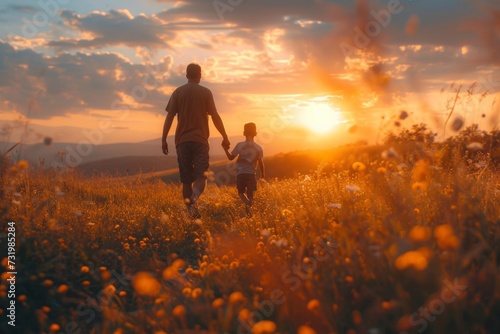 Father and son walking through a sunlit meadow at sunset