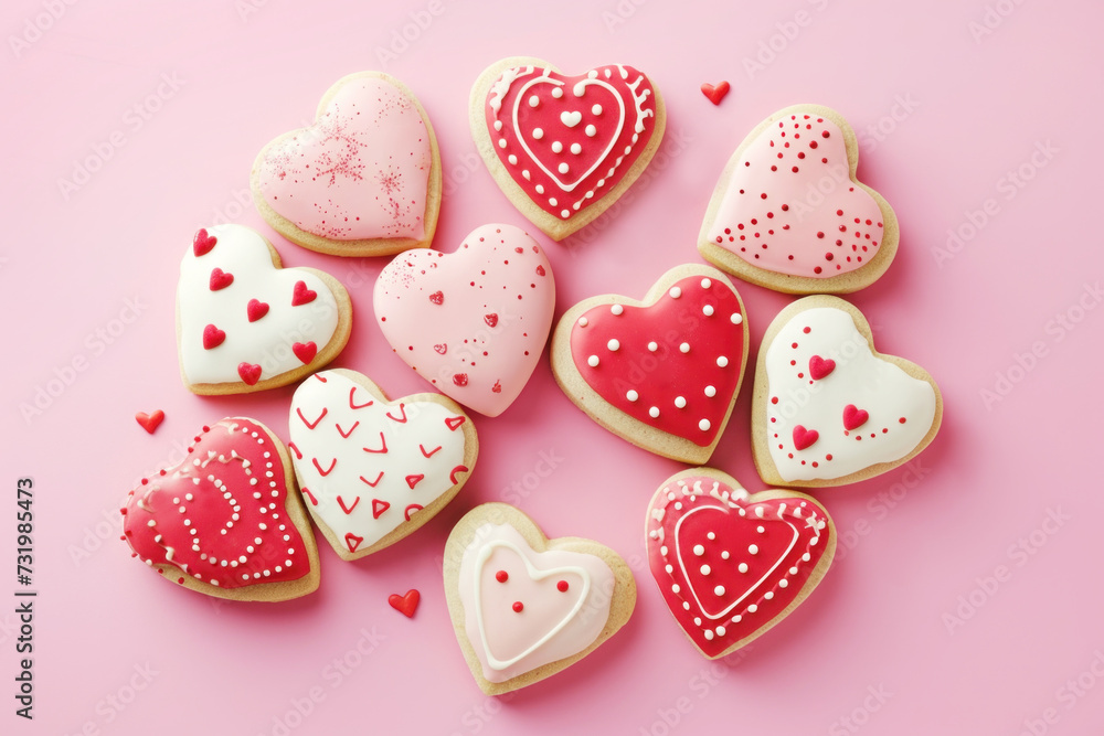 Valentine day homemade glazed red and pink heart shaped cookies on pink background. Top view. Festive abstract pattern.