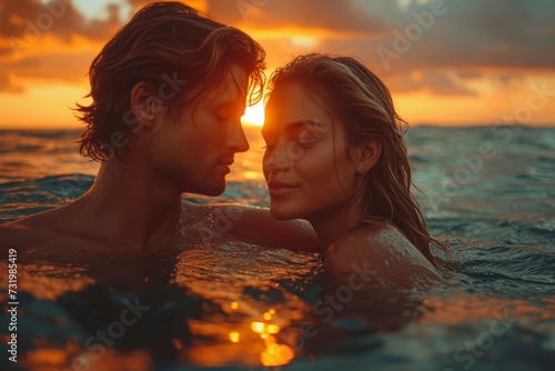 Couple sharing a romantic moment in sunset ocean