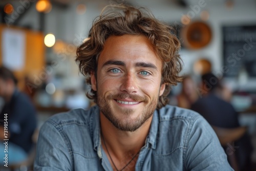 Smiling man with blue eyes in a cafe