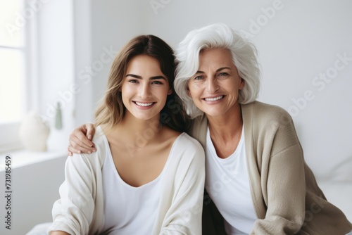 Joyful young woman and smiling senior woman posing together