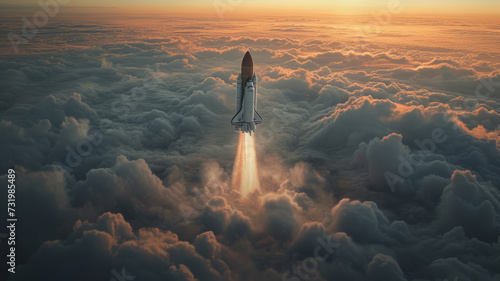 Top view Space Shuttle Flying Over The Clouds,generative ai photo