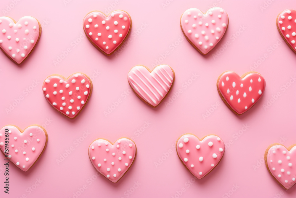 Fototapeta premium Valentine day homemade glazed heart shaped cookies on pink background. Top view. Festive abstract pattern.