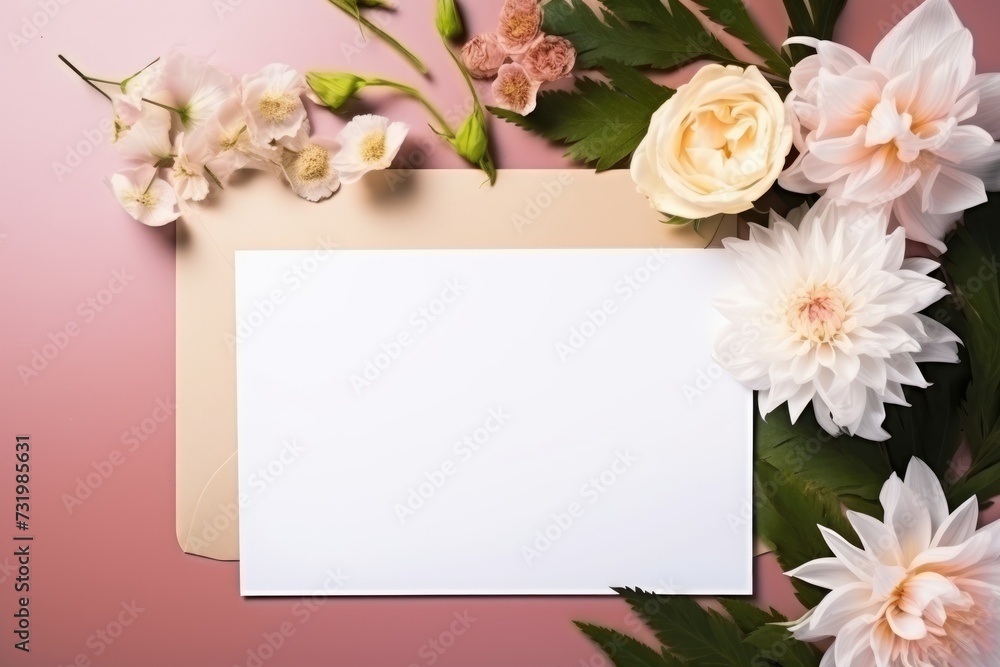 Beautiful arrangement of empty card, leaves and flowers with copy space, Valentine's day and love concept
