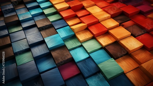 Abstract 3d style background with colorful wooden blocks aligned in vibrant composition