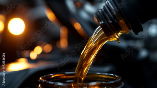 motor oil being poured, showing a golden fluid in motion with a blurred mechanical background