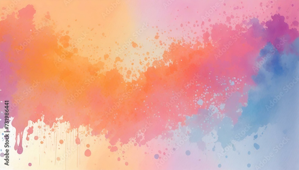 Watercolor gradient background, splashes of paint. Orange, pink, blue