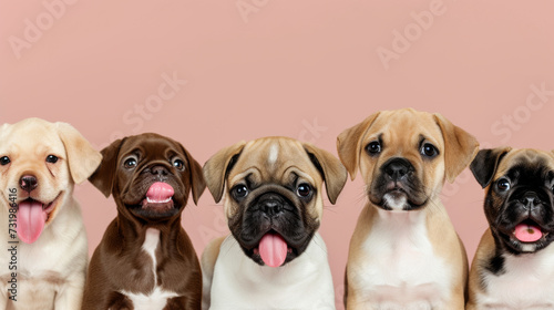 lineup of five adorable puppies with a plain background, each displaying a unique expression.