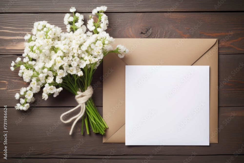blank white greeting card with white flowers on rustic background top view, Valentine's day, Mother's day, Women's Day and love concept blank white greeting card with white flowers on rustic background top view, Valentine's day, Mother's day, Women's Day and love concept