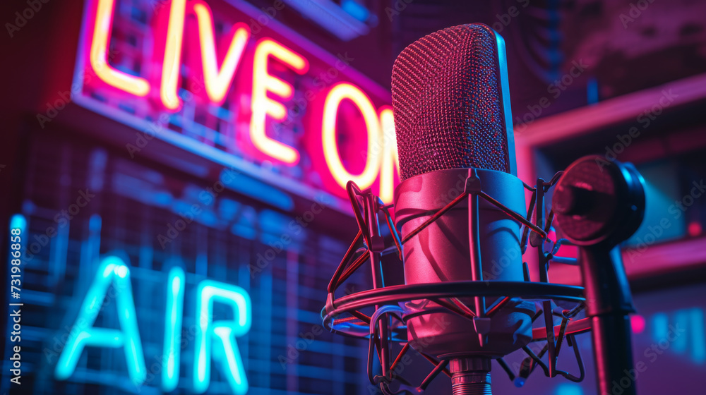 professional studio microphone with a "LIVE ON AIR" neon sign illuminated in the background, suggesting a live broadcasting or recording session. - obrazy, fototapety, plakaty 