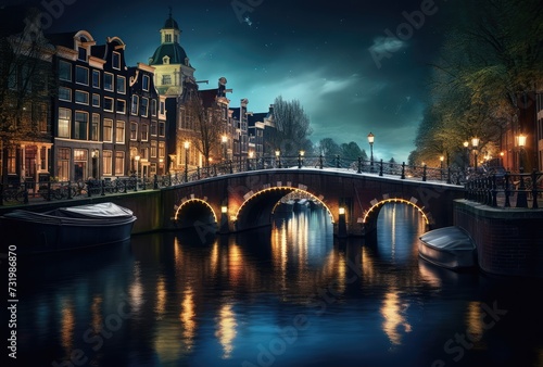 Amsterdam canal at night with bridge and houses, Holland, Netherlands