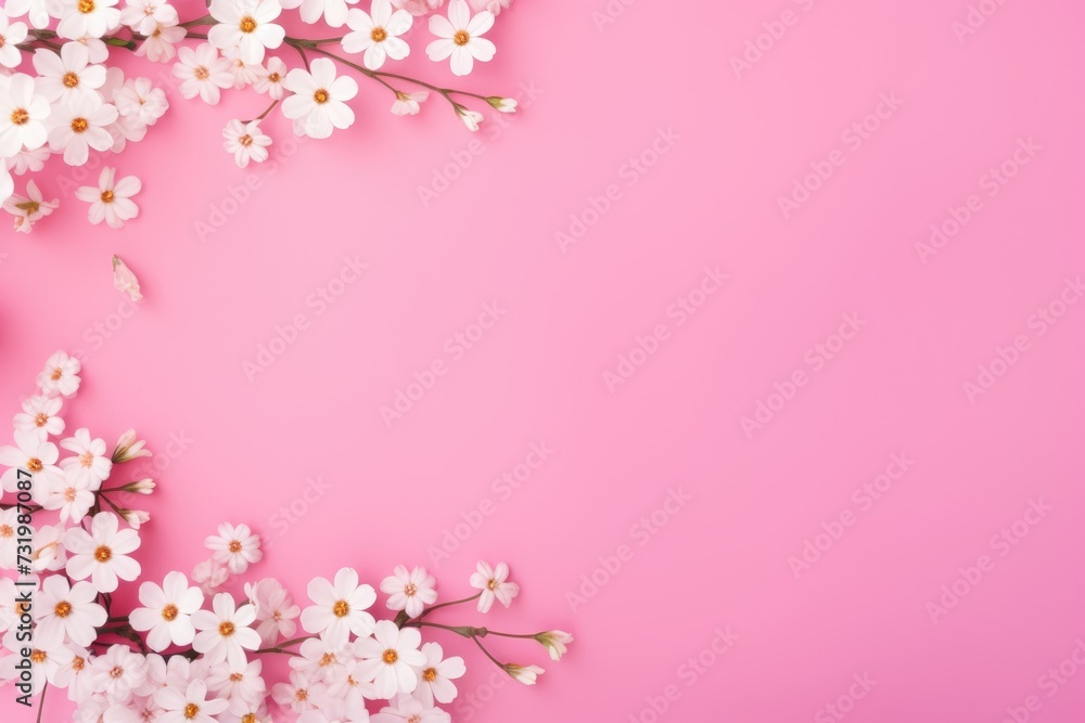 Border of white flowers on pink background from above. Flat lay style with copy space for advertiser, Valentine's day, Mother's day, Women's Day and love concept Border of white flowers on pink background from above. Flat lay style with copy space for advertiser, Valentine's day, Mother's day, Women's Day and love concept