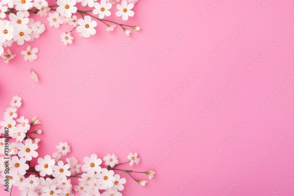 Border of white flowers on pink background from above. Flat lay style with copy space for advertiser, Valentine's day, Mother's day, Women's Day and love concept