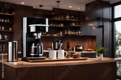A modern coffee maker machine and a sleek mug tray resting on a polished wooden counter bar adjacent to a window with inviting stools. 