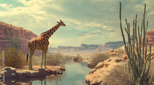 Giraffe Overlooking Waterfall in Jungle Serenity  