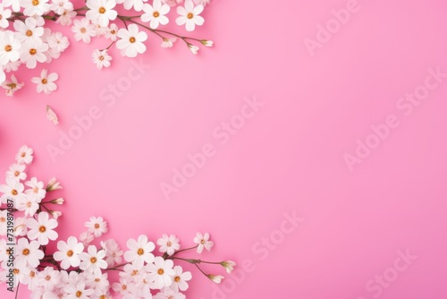 Border of white flowers on pink background from above. Flat lay style with copy space for advertiser, Valentine's day, Mother's day, Women's Day and love concept