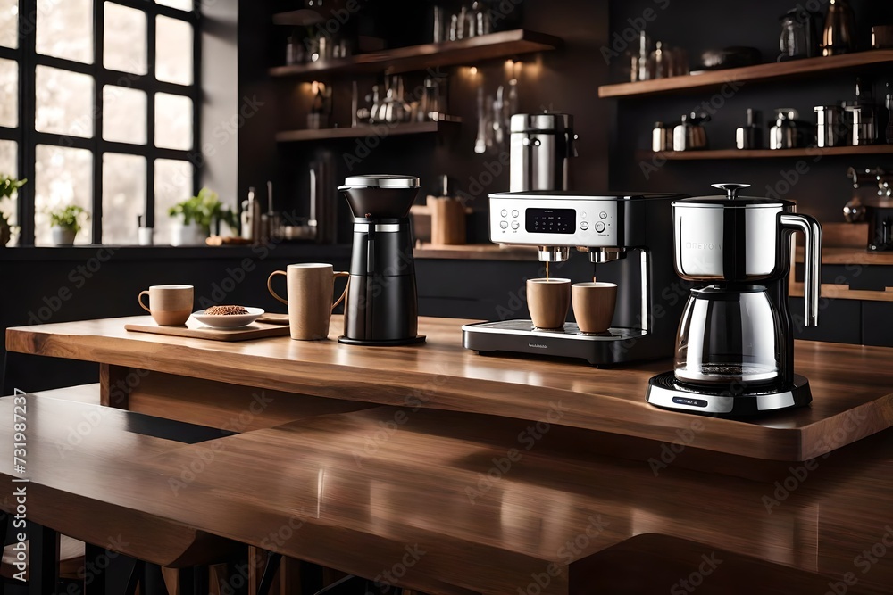 A modern coffee maker machine and a sleek mug tray resting on a polished wooden counter bar adjacent to a window with inviting stools.  - obrazy, fototapety, plakaty 