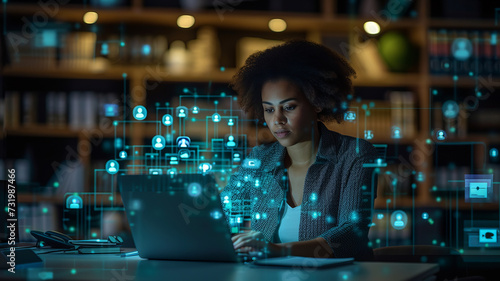 A beautiful short-haired project manager working on a computer in the office Augmented Reality social media icons appear on employees' laptops ,generative ai