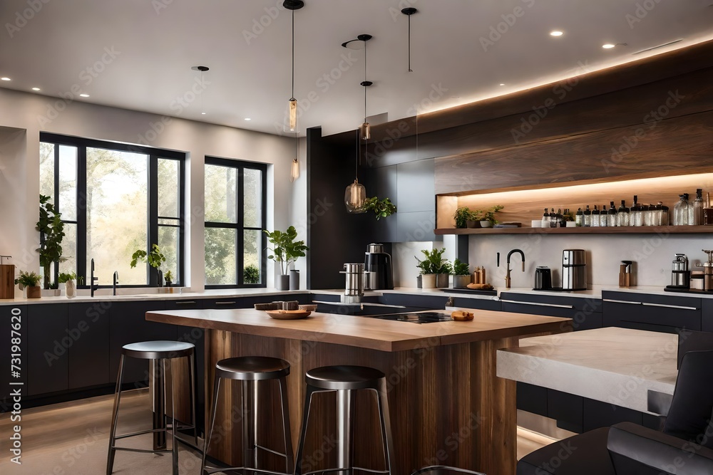 A modern coffee maker machine and a sleek mug tray resting on a polished wooden counter bar adjacent to a window with inviting stools. 