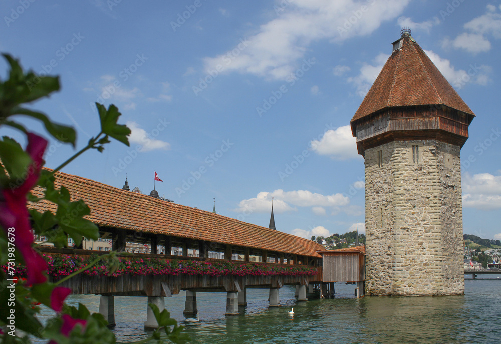 Photo of castle bridge and tower over the Reuss River in Lucerne Switzerland accented with white swans