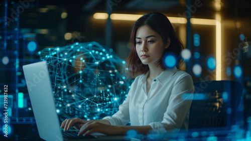 A beautiful short-haired project manager working on a computer in the office Augmented Reality social media icons appear on employees' laptops ,generative ai