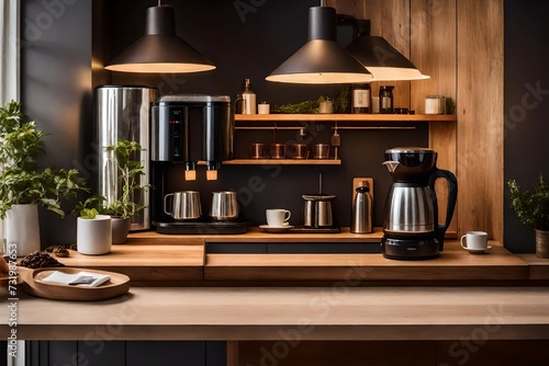 A modern coffee maker machine and a sleek mug tray resting on a polished wooden counter bar adjacent to a window with inviting stools. 