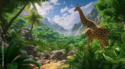 Giraffe Overlooking Waterfall in Jungle Serenity   © zahidcreat0r