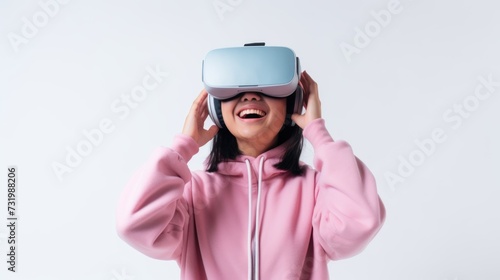 Asian woman using a VR glasses  happy Isolated on a white background studio portrait. VR  future  gadgets  technology  education online.