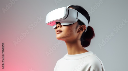 Asian woman using a VR glasses, happy Isolated on a white background studio portrait. VR, future, gadgets, technology, education online. © inthasone