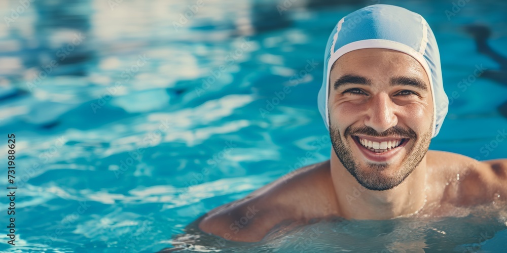Happy, man and athlete in swimming pool water after training, workout or exercise for wellness, performance or fitness. Swimmer, relax or smile for sport, challenge or health in race competition