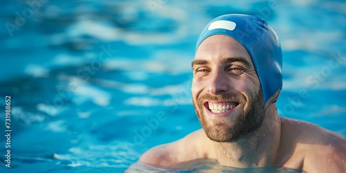 Happy, man and athlete in swimming pool water after training, workout or exercise for wellness, performance or fitness. Swimmer, relax or smile for sport, challenge or health in race competition © StockWorld