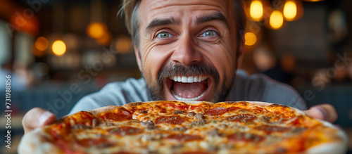 a man eating a pizza in the restaurant